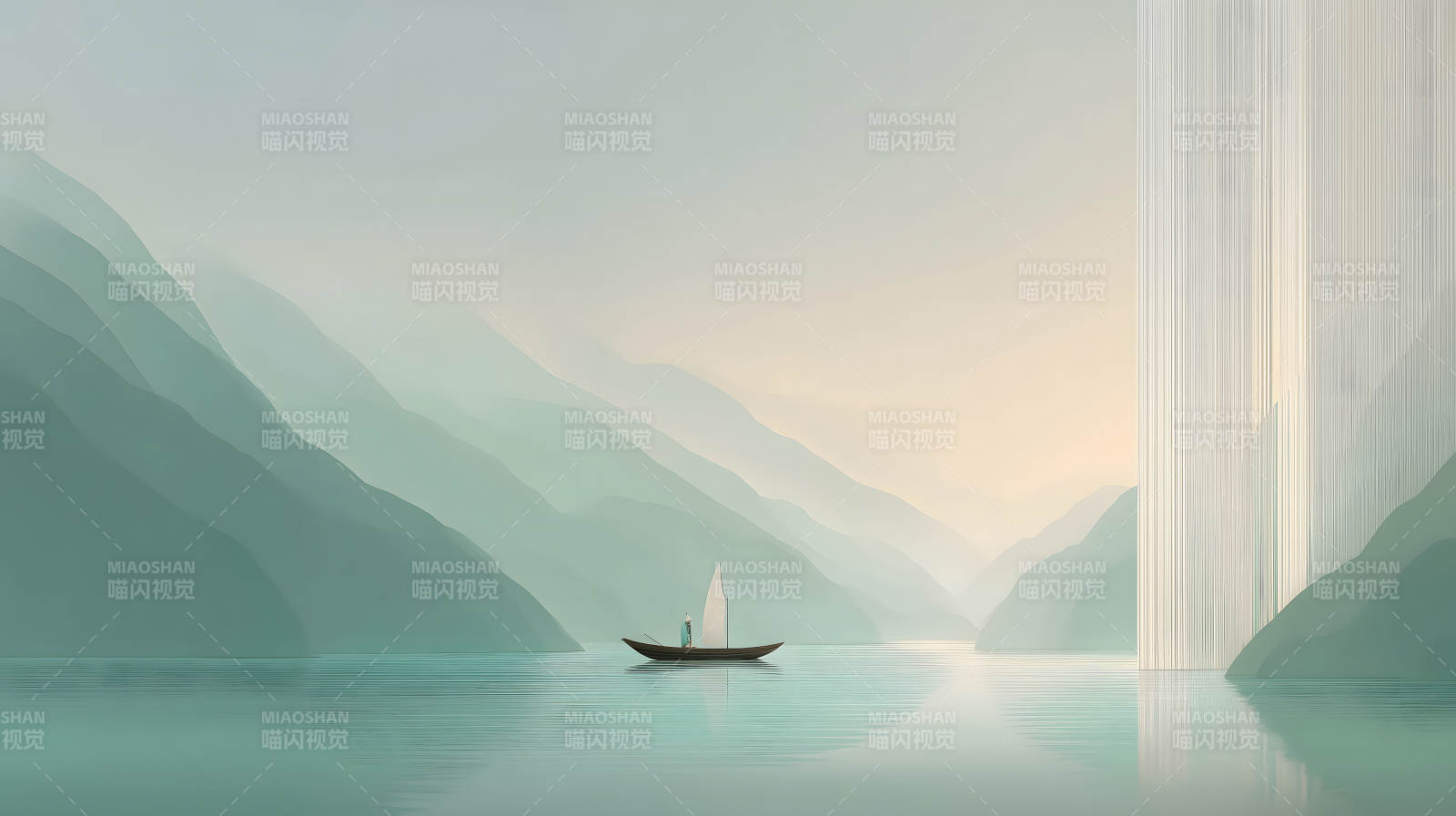 湖泊上的帆船与远山图片