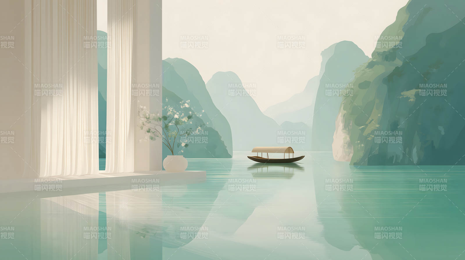 室内景观艺术朦胧山水景色图片
