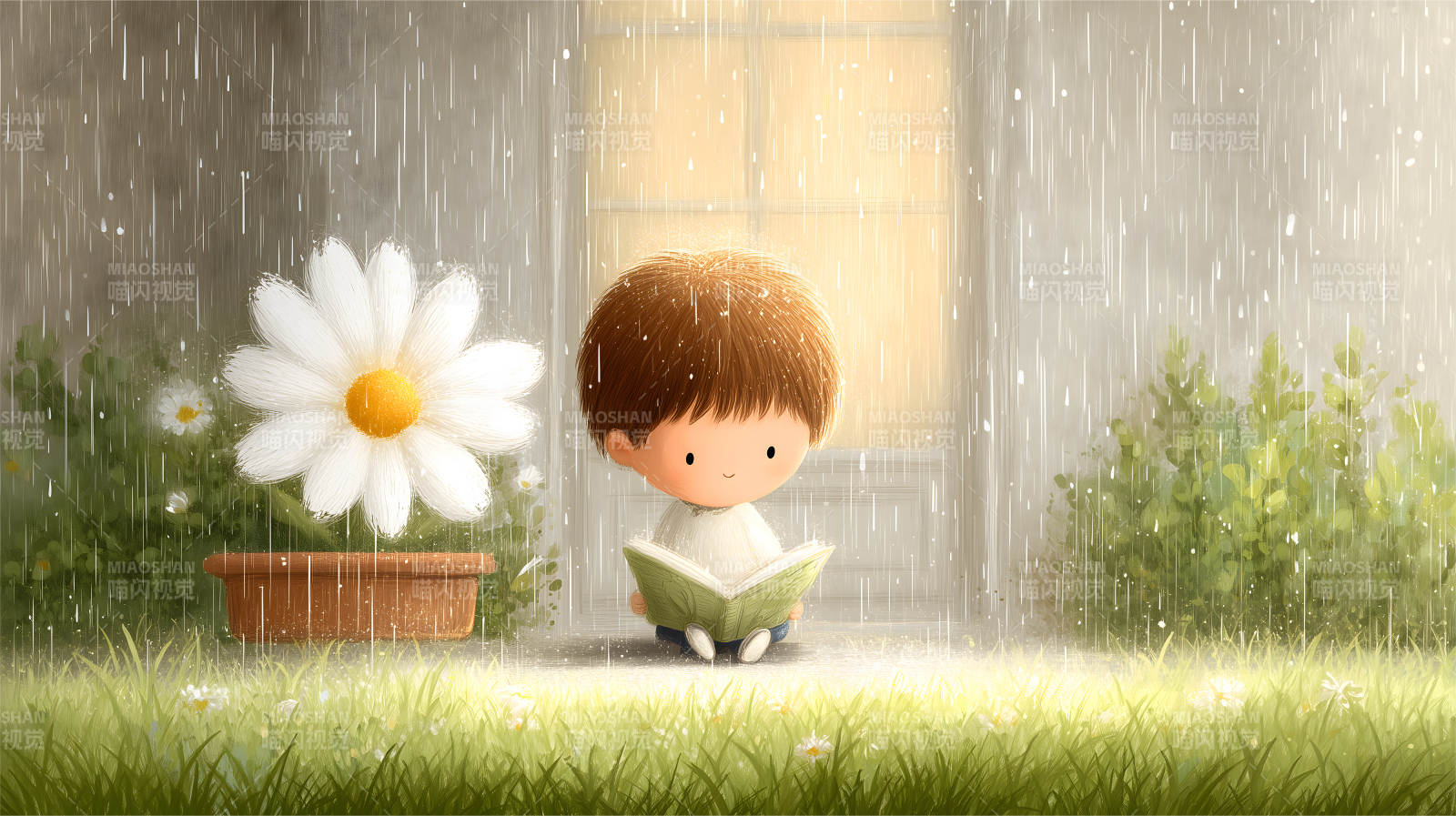 雨中读书的可爱小男孩图片