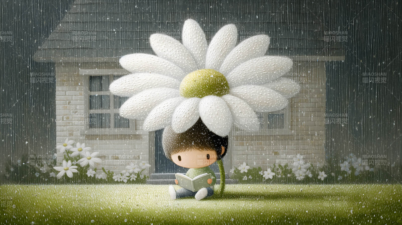 男孩雨中读书花朵遮雨图片
