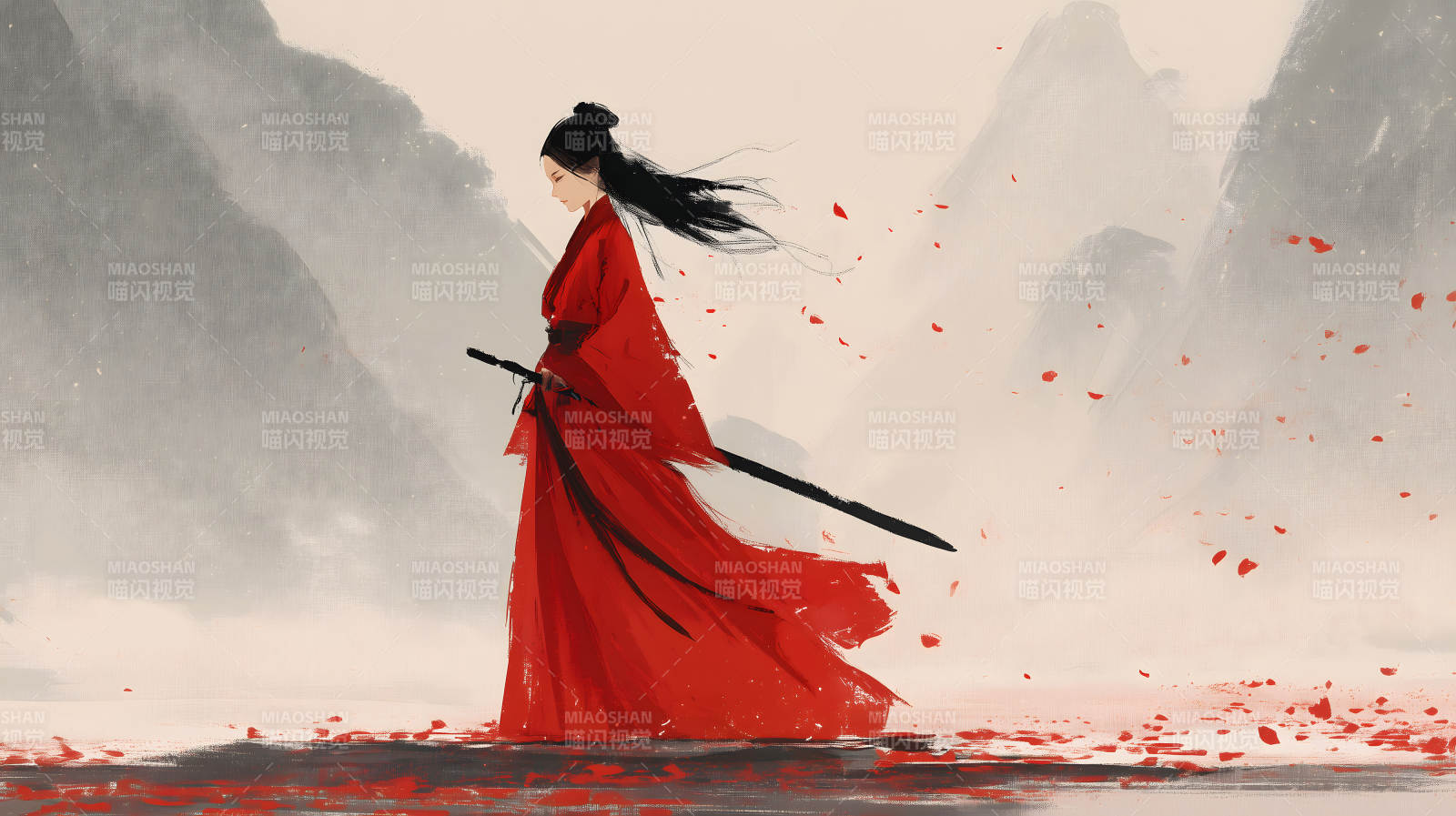红衣女子手持剑站在山水之间图片