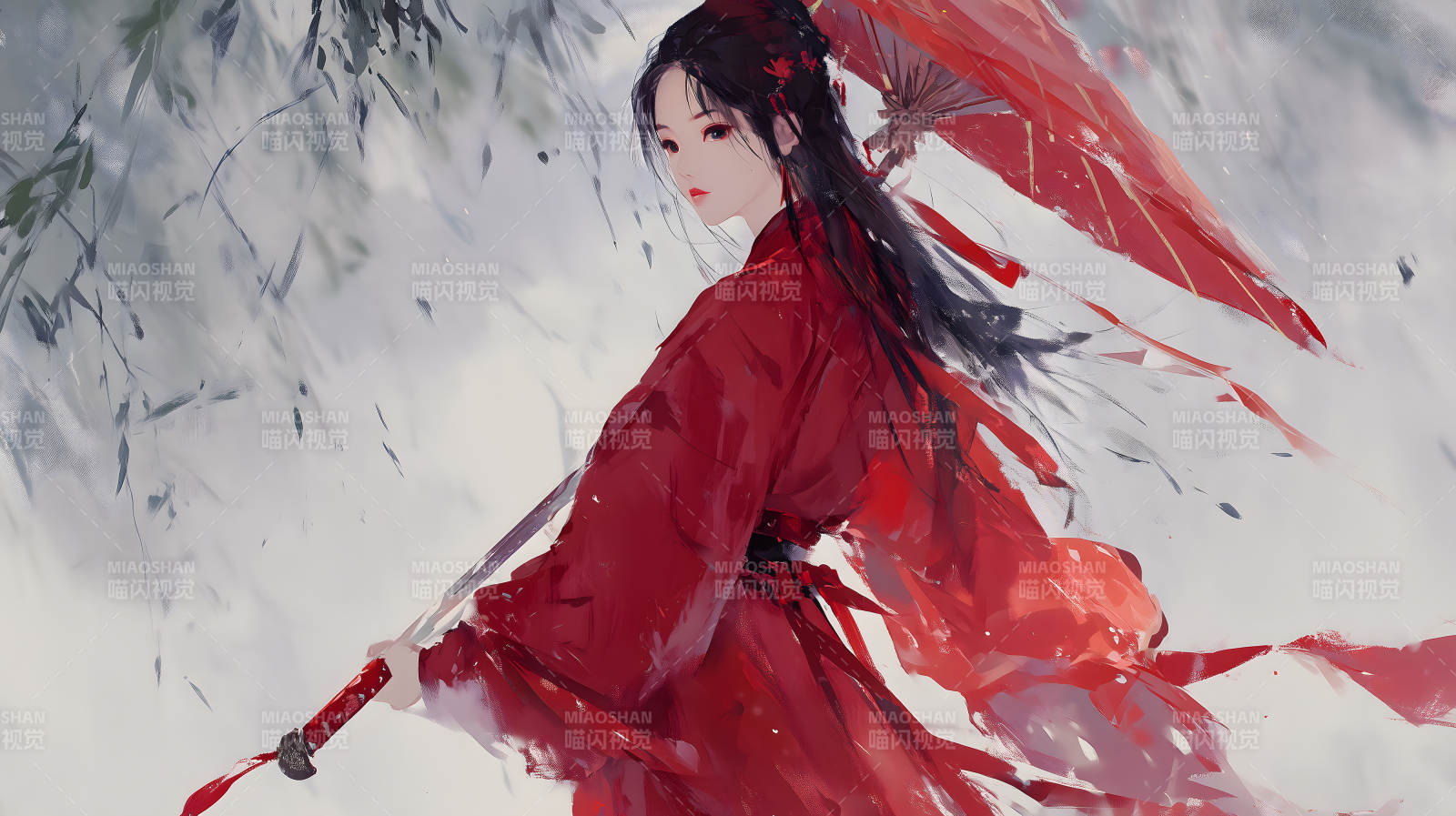 红衣女子撑伞回眸图片