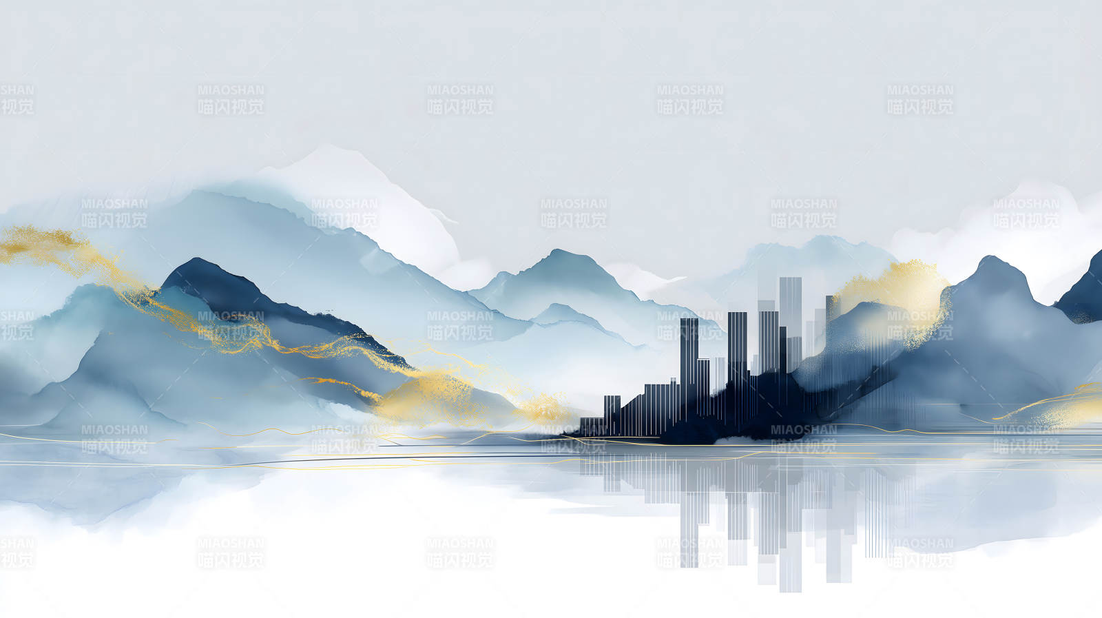 水墨山水城市倒影金色点缀图片