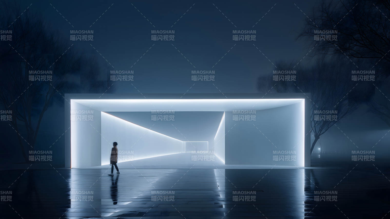 冷色调建筑空间内的行人身影图片