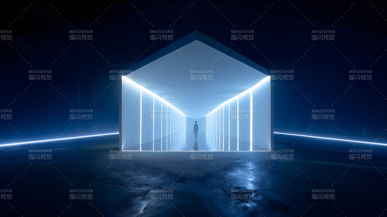 神秘的蓝色光线通道中的人物图片