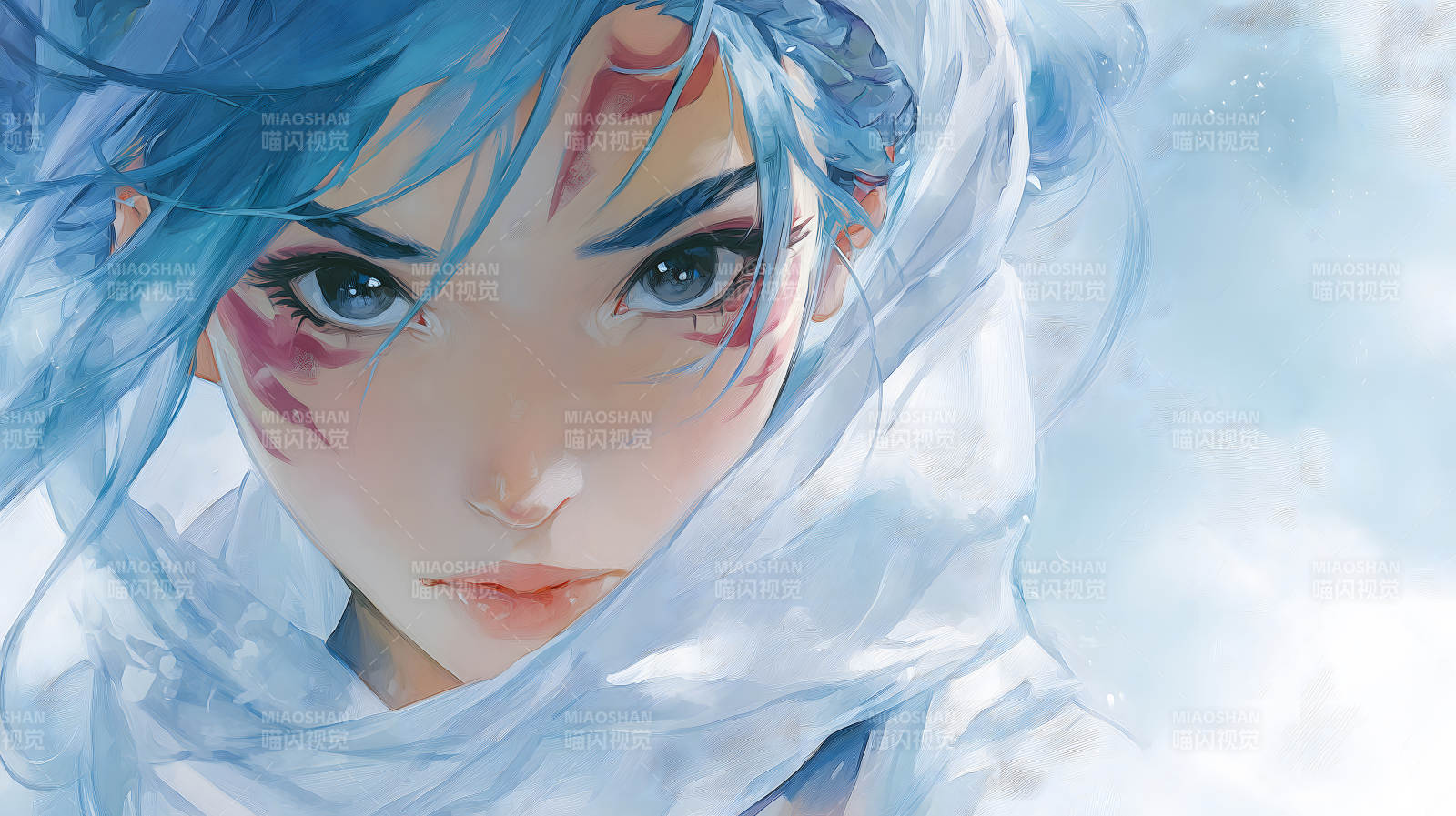 蓝色长发少女眼神忧郁图片