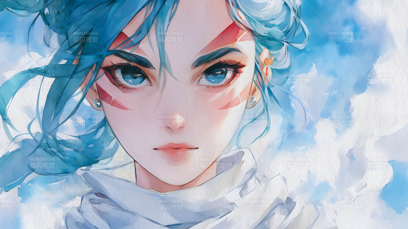 蓝发女孩仰望天空水彩风格动漫风图片