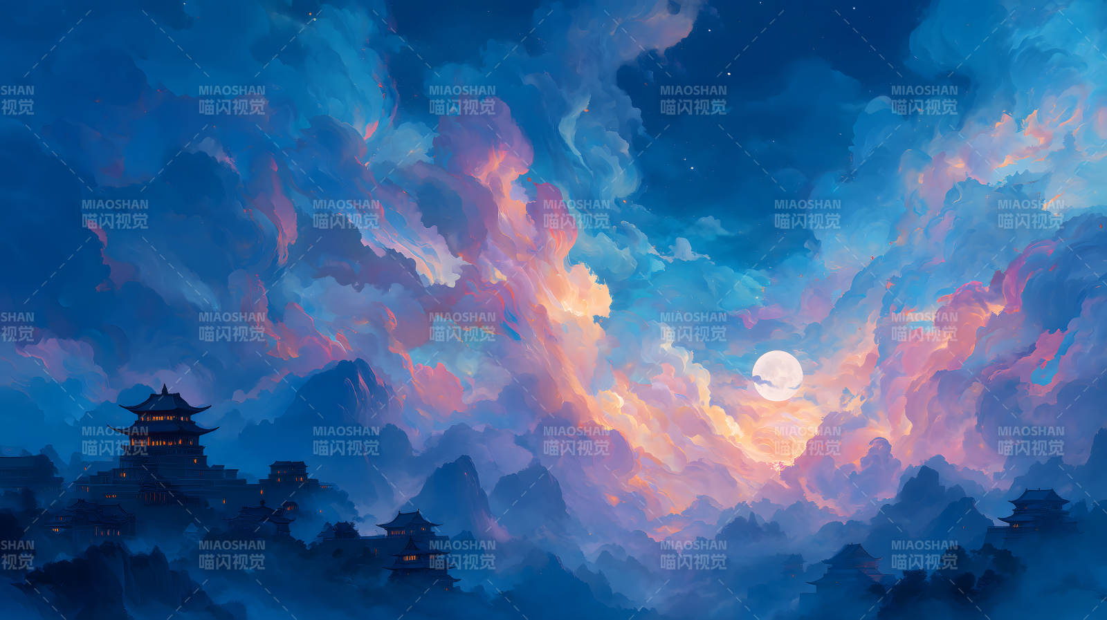 唯美古风夜景东方建筑云雾缭绕图片