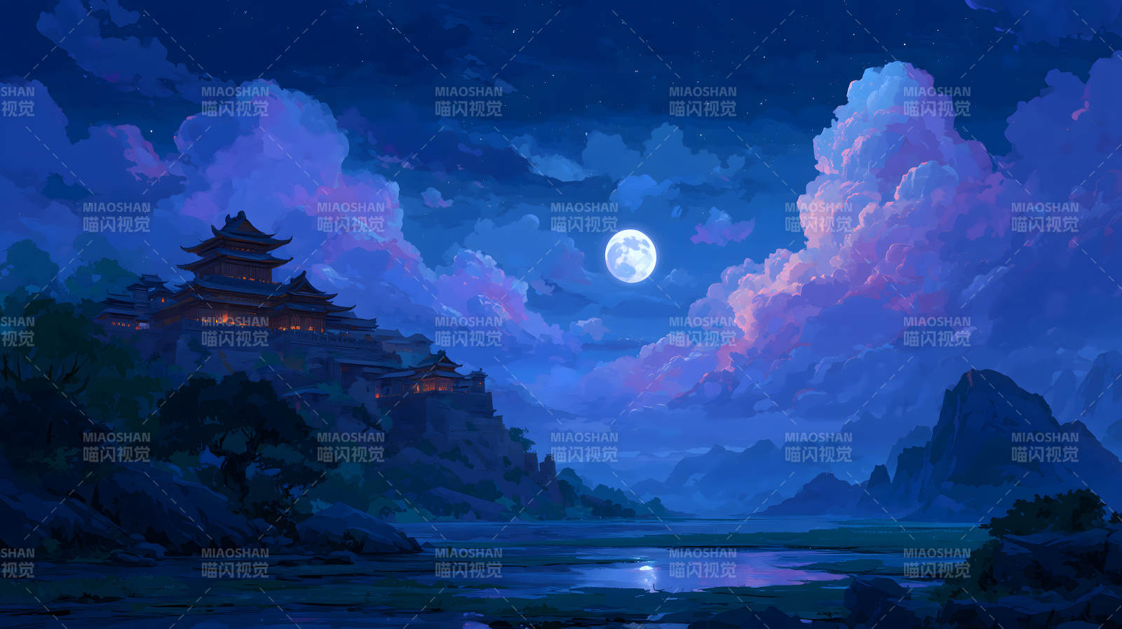 夜幕下的东方古韵建筑月夜美景图片