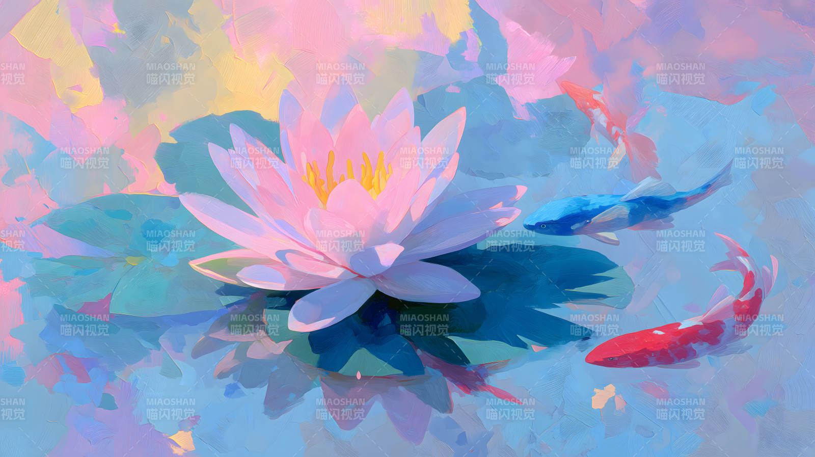 粉色莲花与锦鲤的水彩画图片
