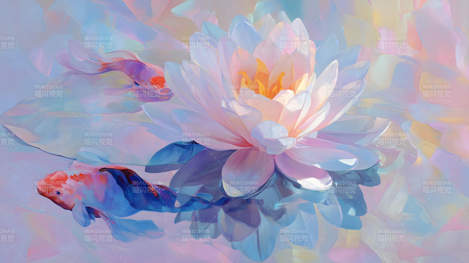 荷花锦鲤的梦幻水彩画图片