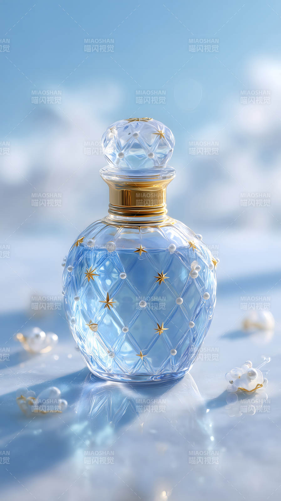 蓝色香水瓶与珍珠装饰图片