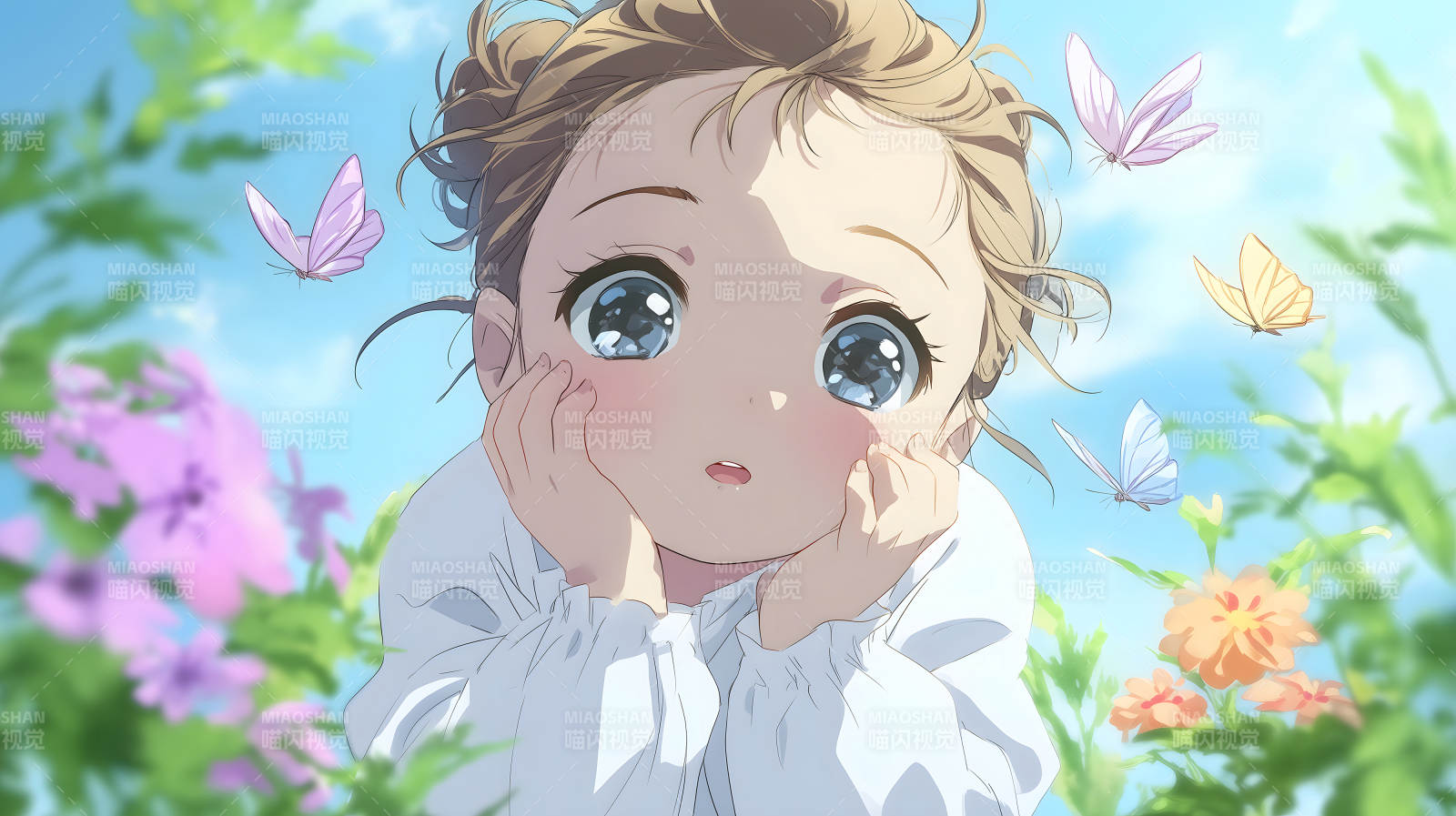 可爱女孩与蝴蝶飞舞在花丛中图片