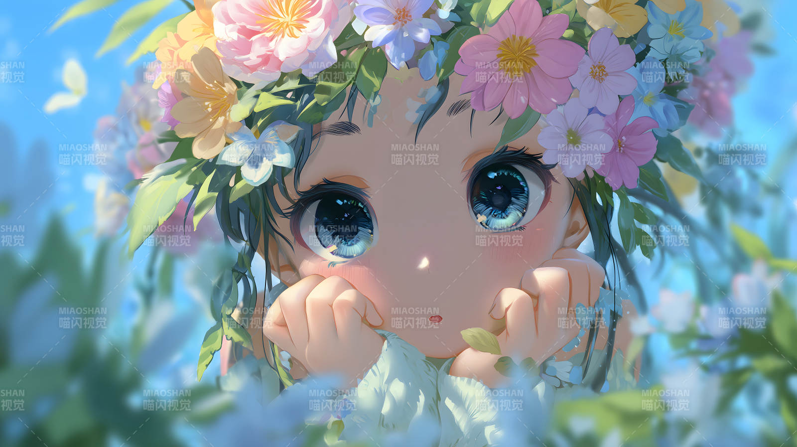 戴着花环的可爱女孩注视着你图片