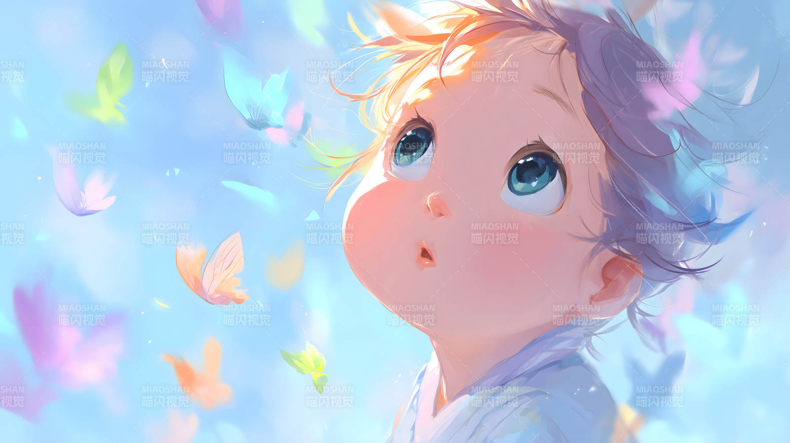 可爱宝宝仰望蝴蝶飞舞图片