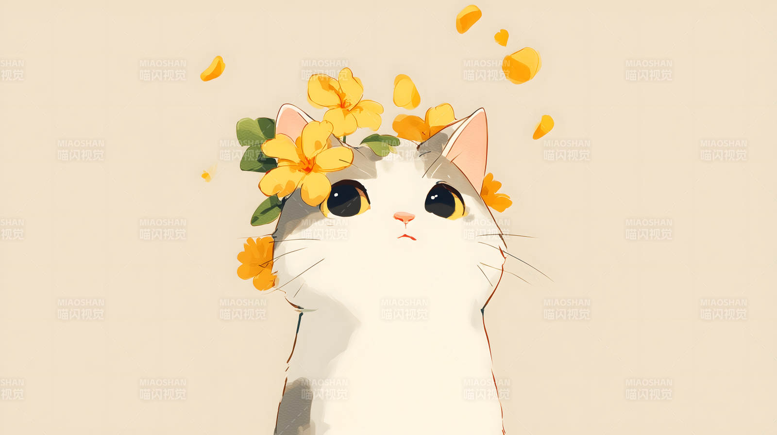 戴着花环的小猫咪仰望天空图片