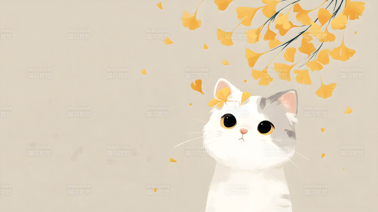 可爱猫咪与金黄落叶的温馨画面图片