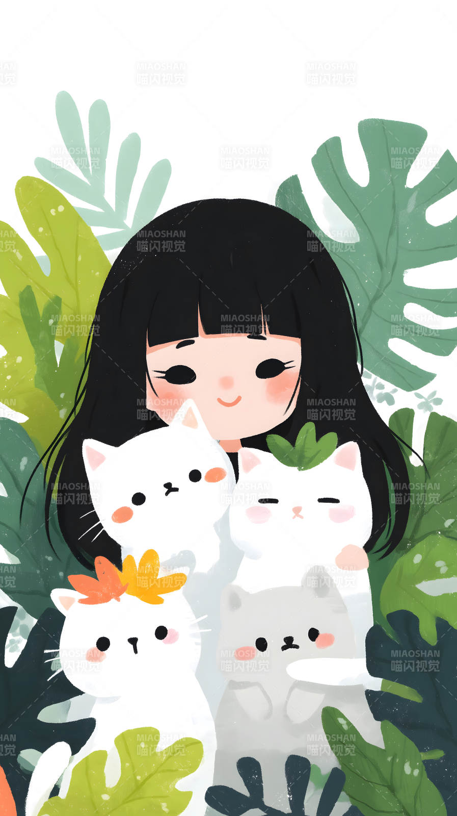 女孩和猫咪在绿叶中玩耍图片