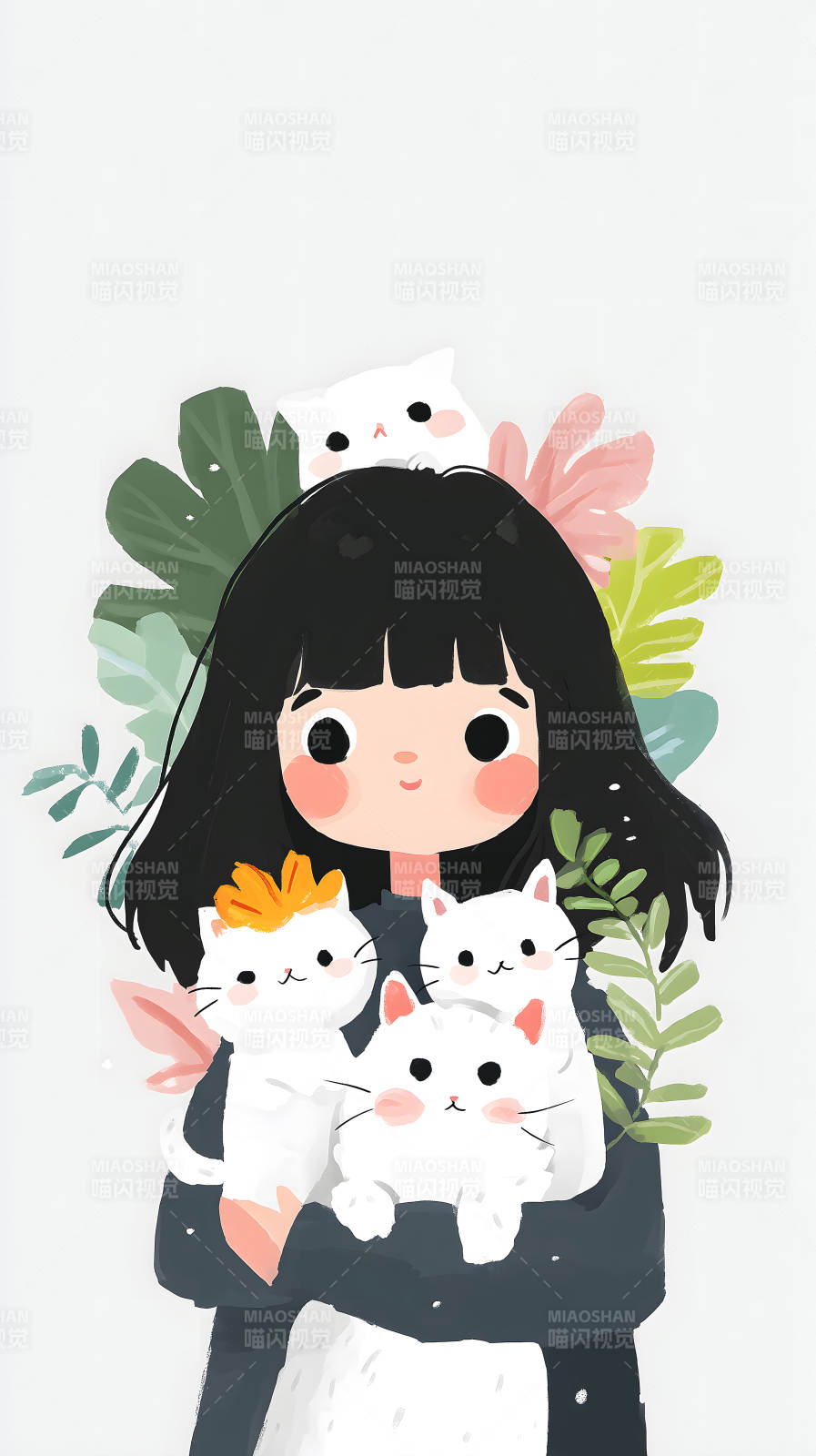 女孩抱着猫咪鲜花图片