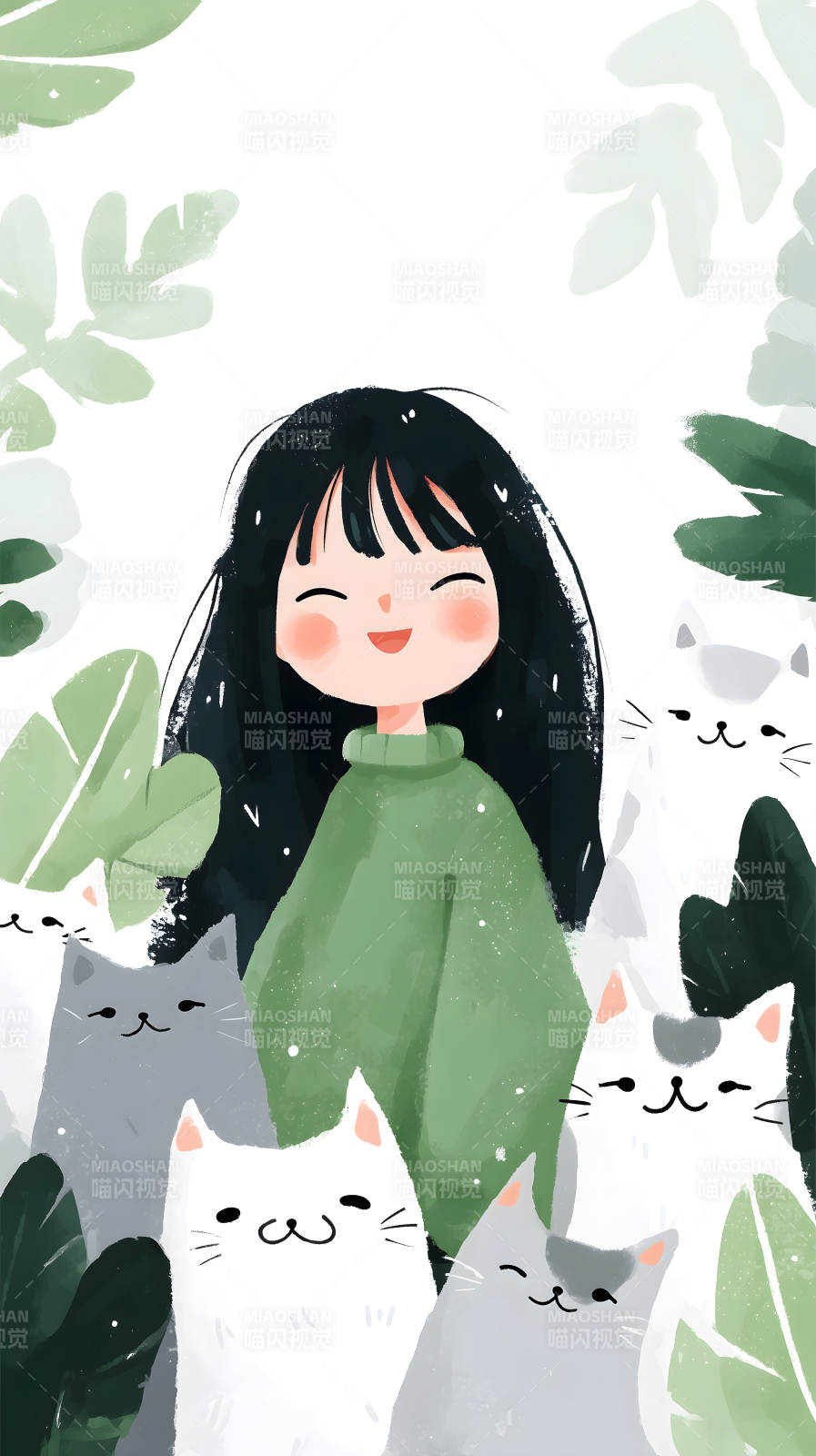 女孩与猫咪的温馨插画图片