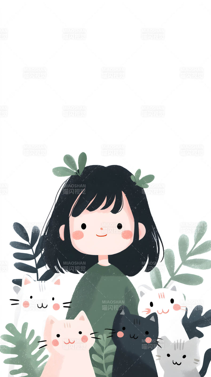 女孩和猫咪们在绿色植物间图片