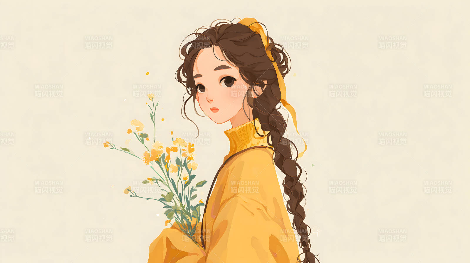 女孩手捧鲜花穿着黄色毛衣图片