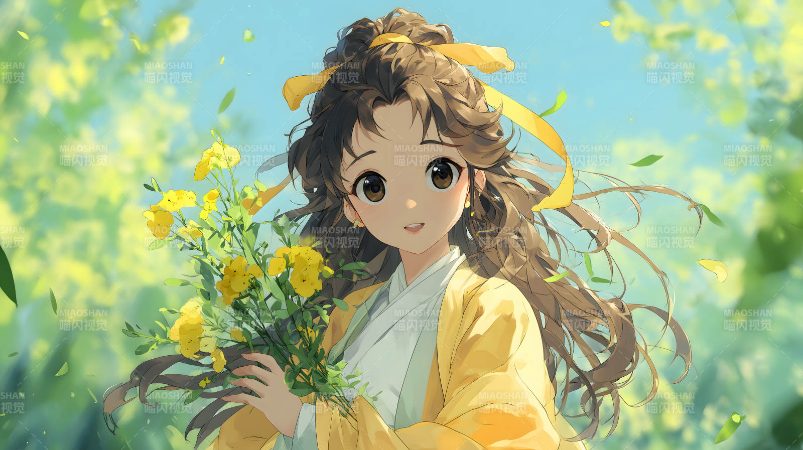 动漫少女手捧鲜花在阳光下微笑图片