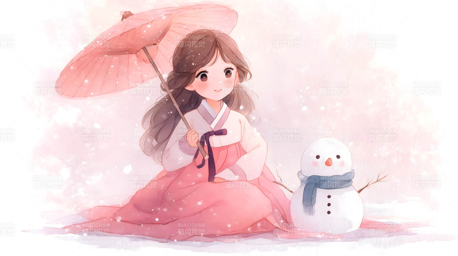 女孩和雪人粉色童话般的冬天图片