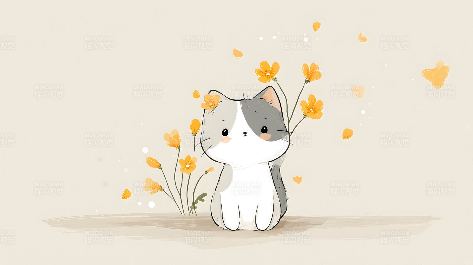 可爱小猫与黄色花朵的温馨插画图片