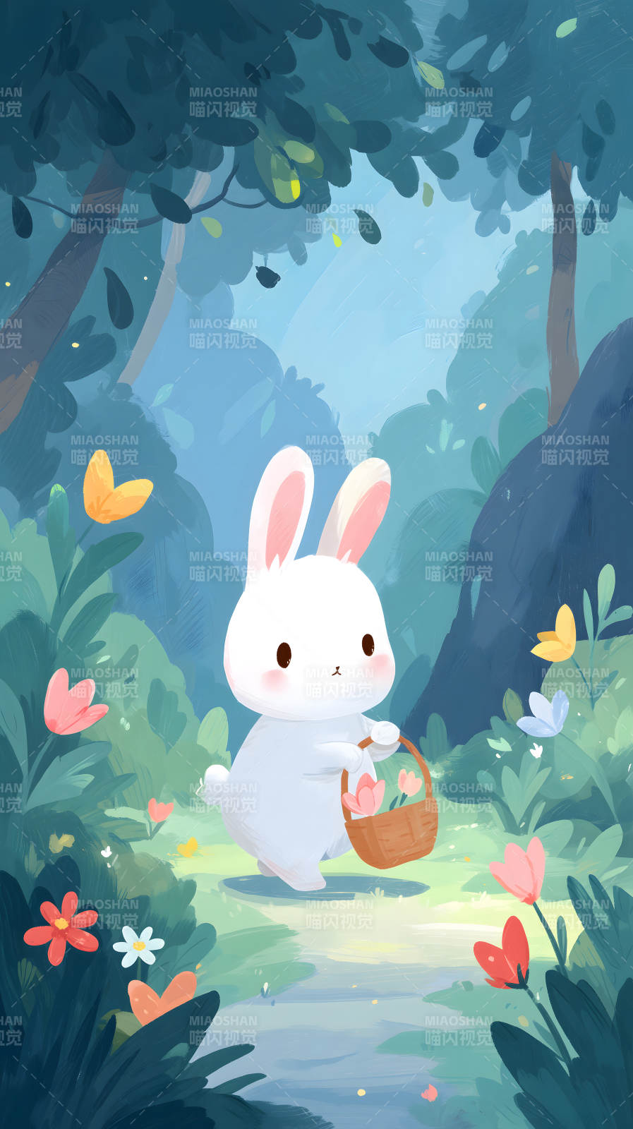 森林兔子采花图图片