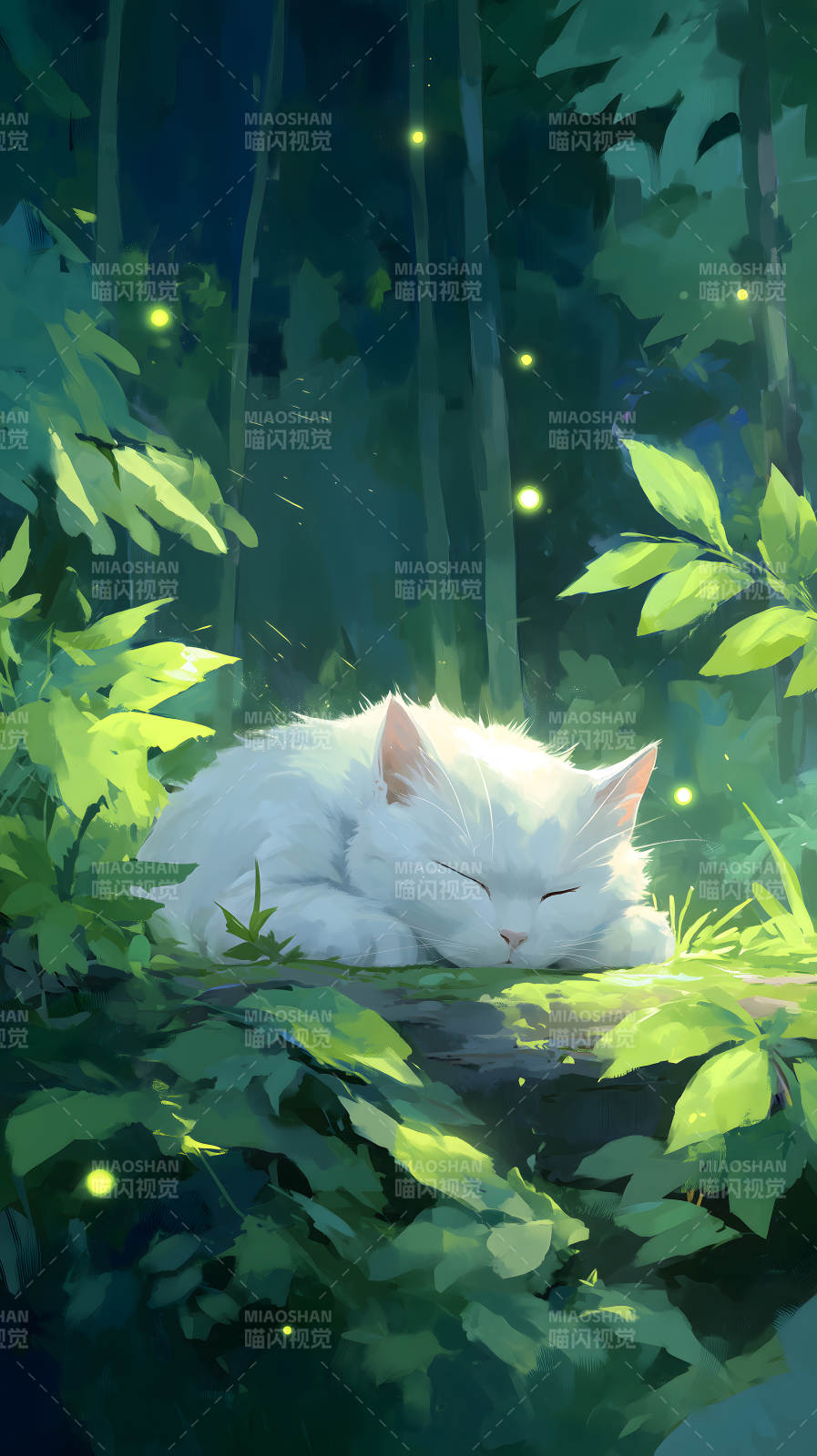 森林中熟睡的白猫图片