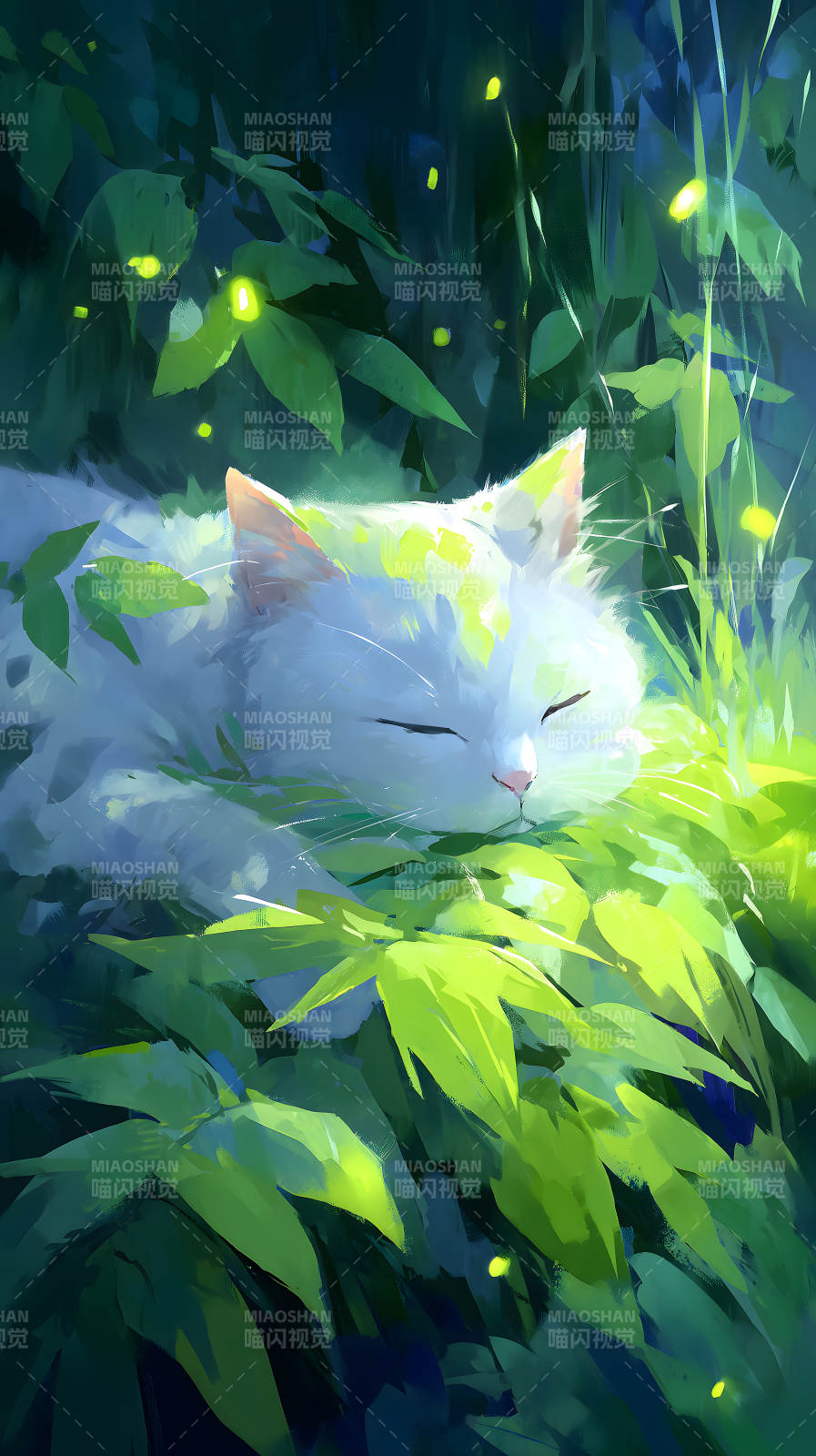 猫咪休憩于绿叶之间图片