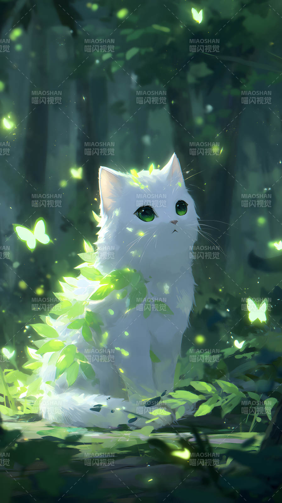 梦幻森林中的白色猫咪图片