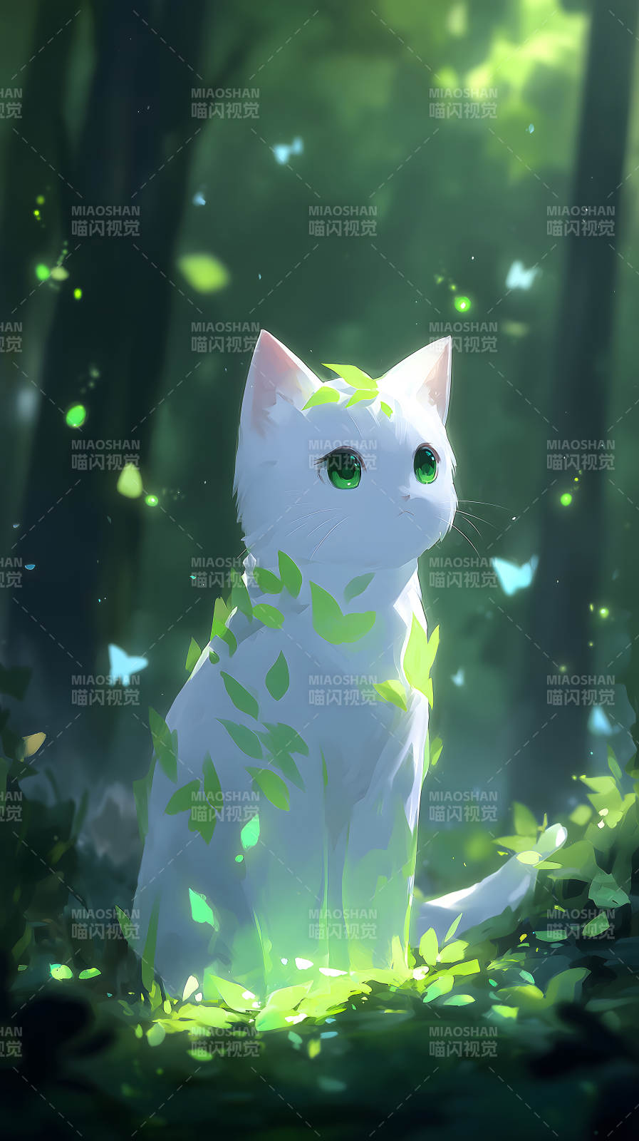 森林中可爱猫咪被绿叶环绕图片