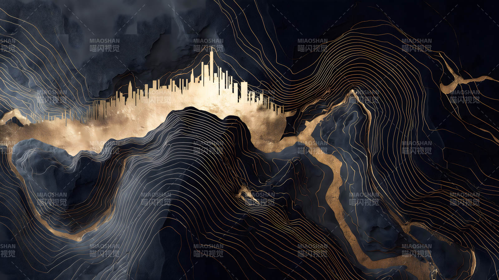 金色线条的城市山峦抽象艺术图片