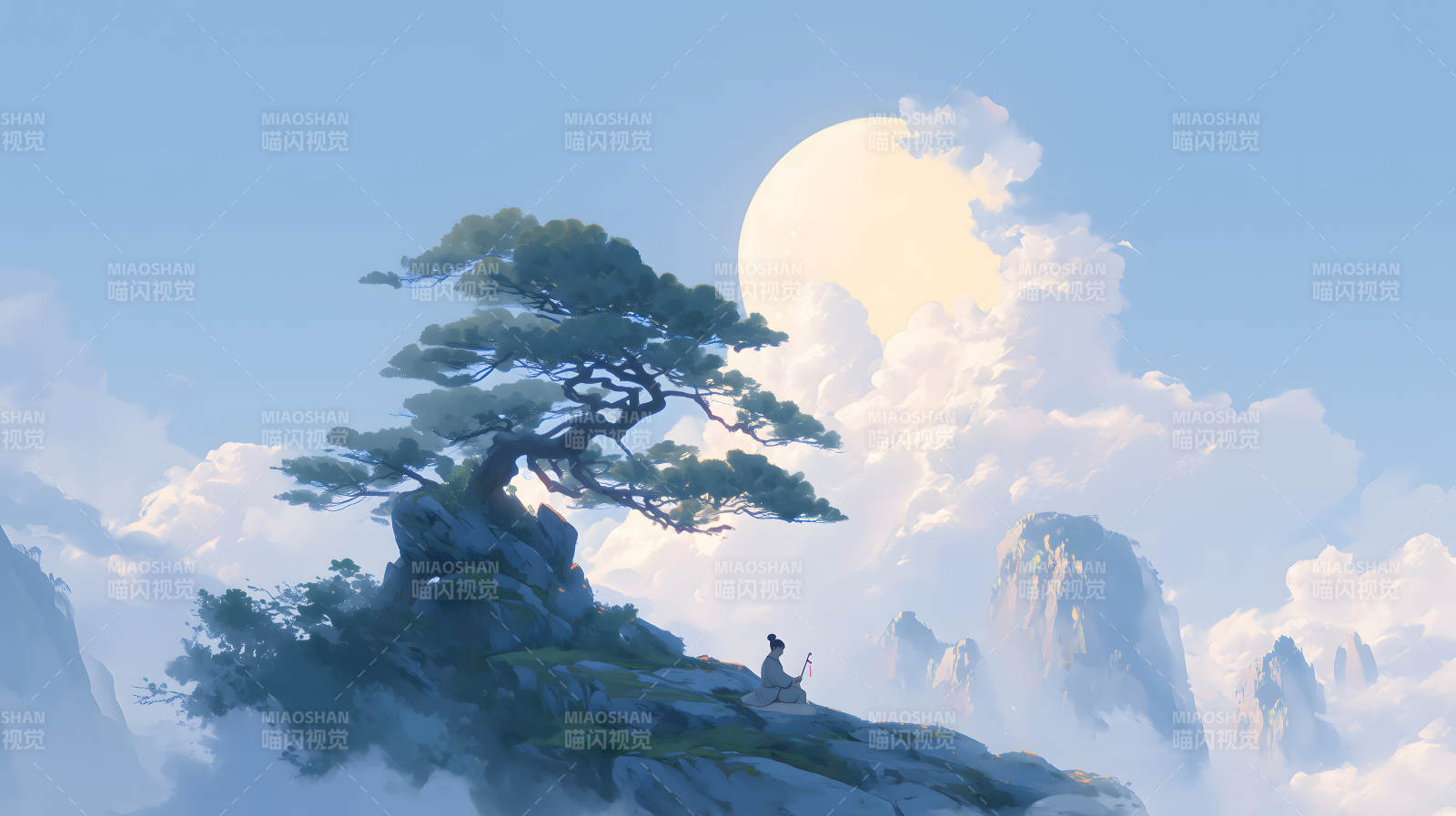 山水之间抚琴人月光洒满大地图片