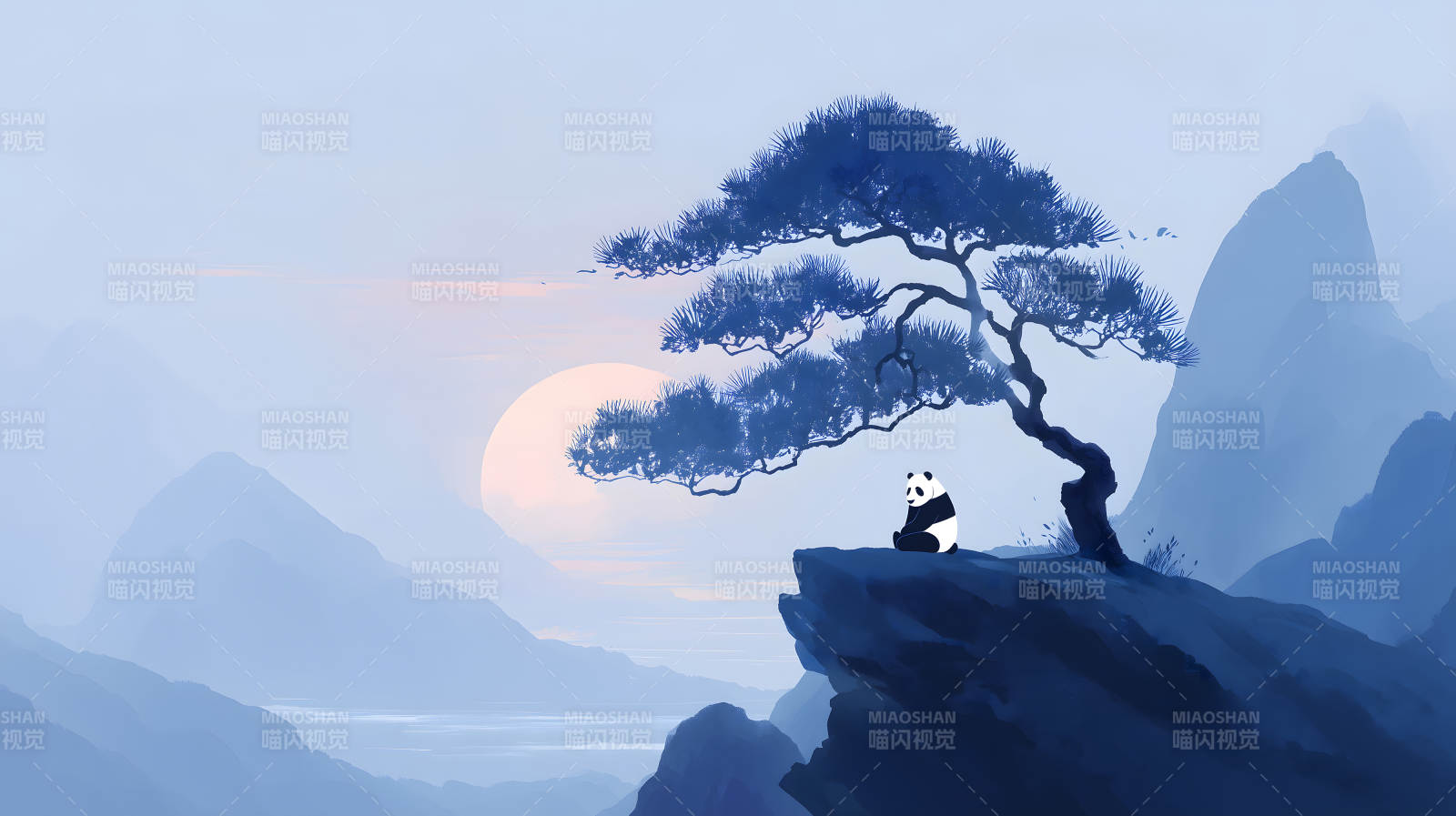 熊猫静坐山崖夕阳西下图片