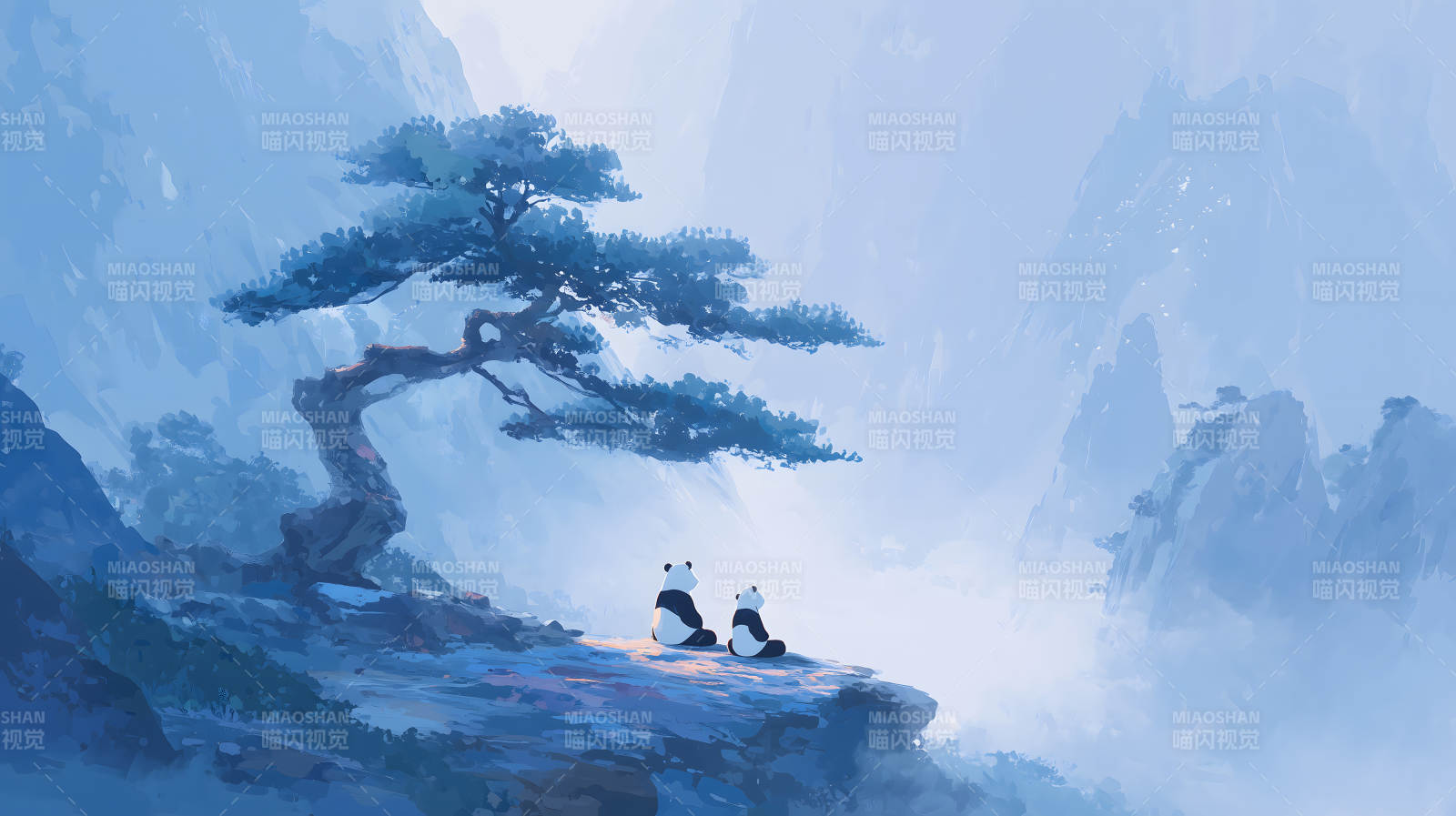 山水之间两只熊猫静静观景图片