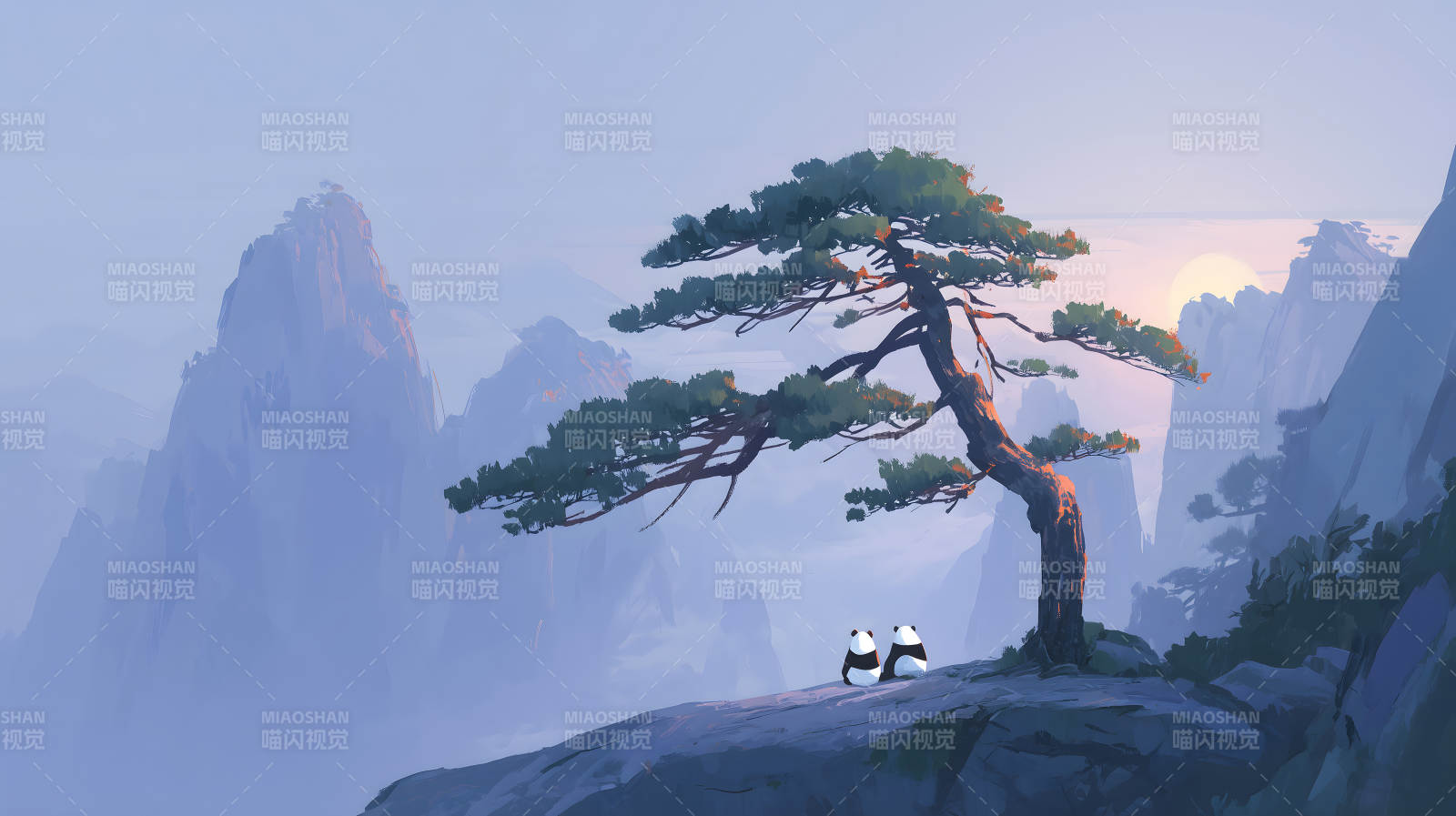山间日落熊猫依偎眺望风景图片