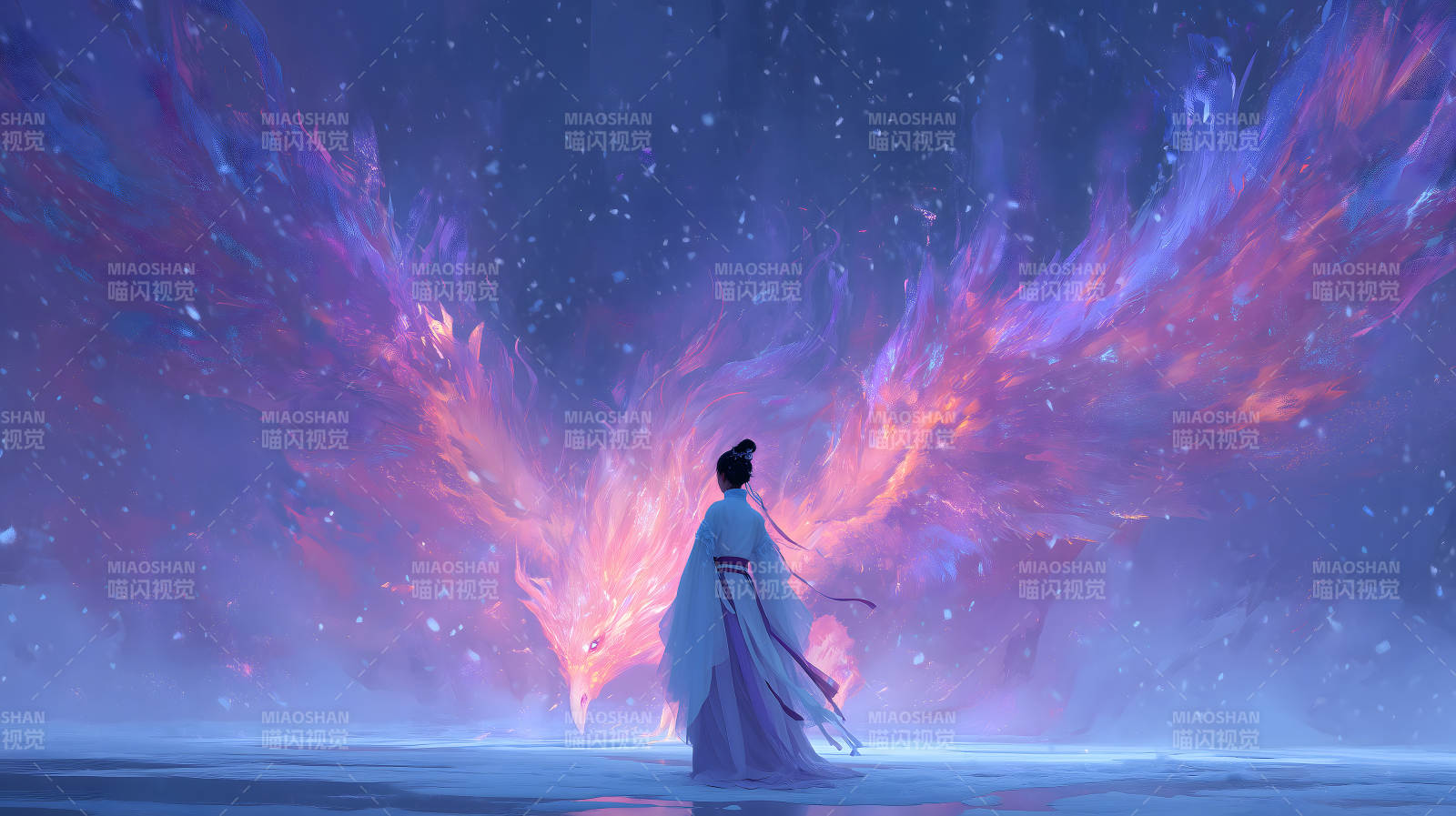 女孩凝视凤凰翱翔天际奇幻景象图片