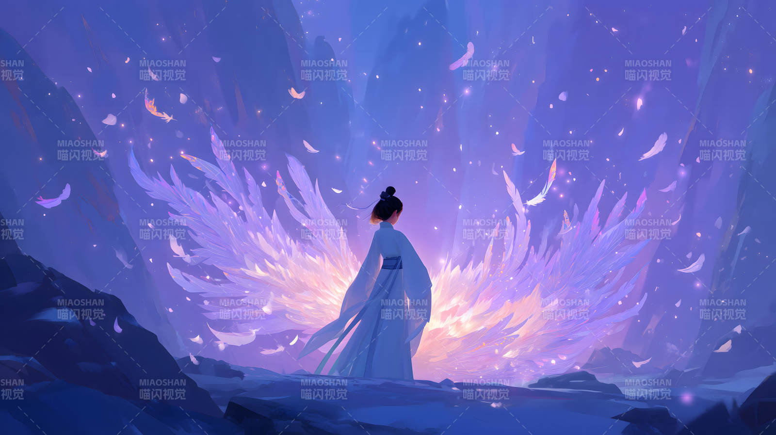 女子伫立羽翼之下唯美梦幻场景图片