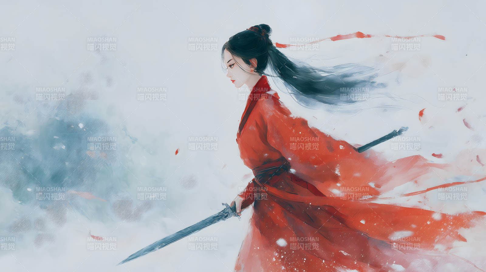 红衣女子手持剑行于风雪中图片
