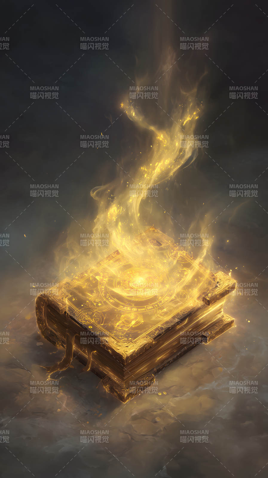 神秘的金色魔法书散发光芒图片
