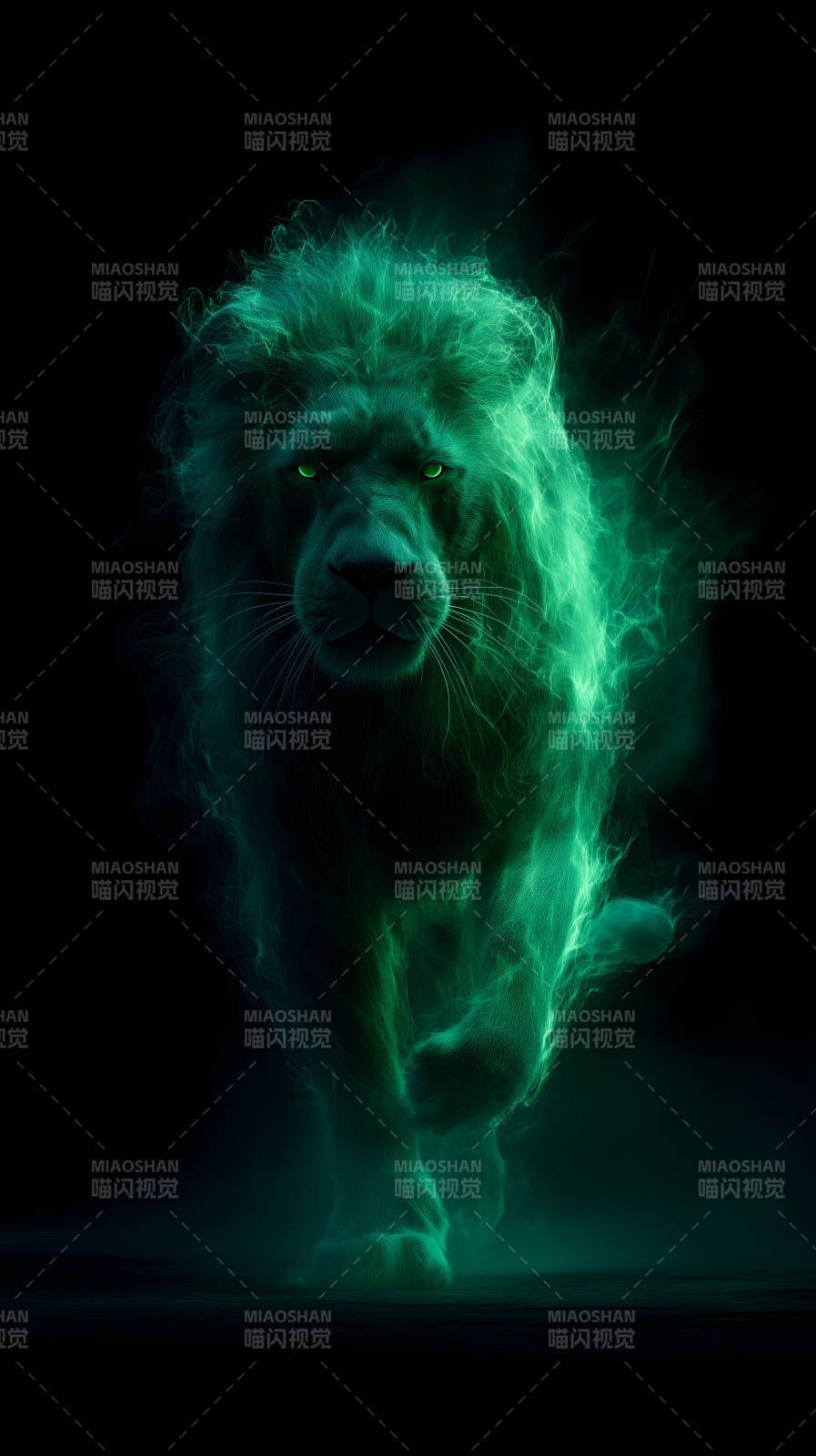 绿焰雄狮黑暗中威武奔腾图片