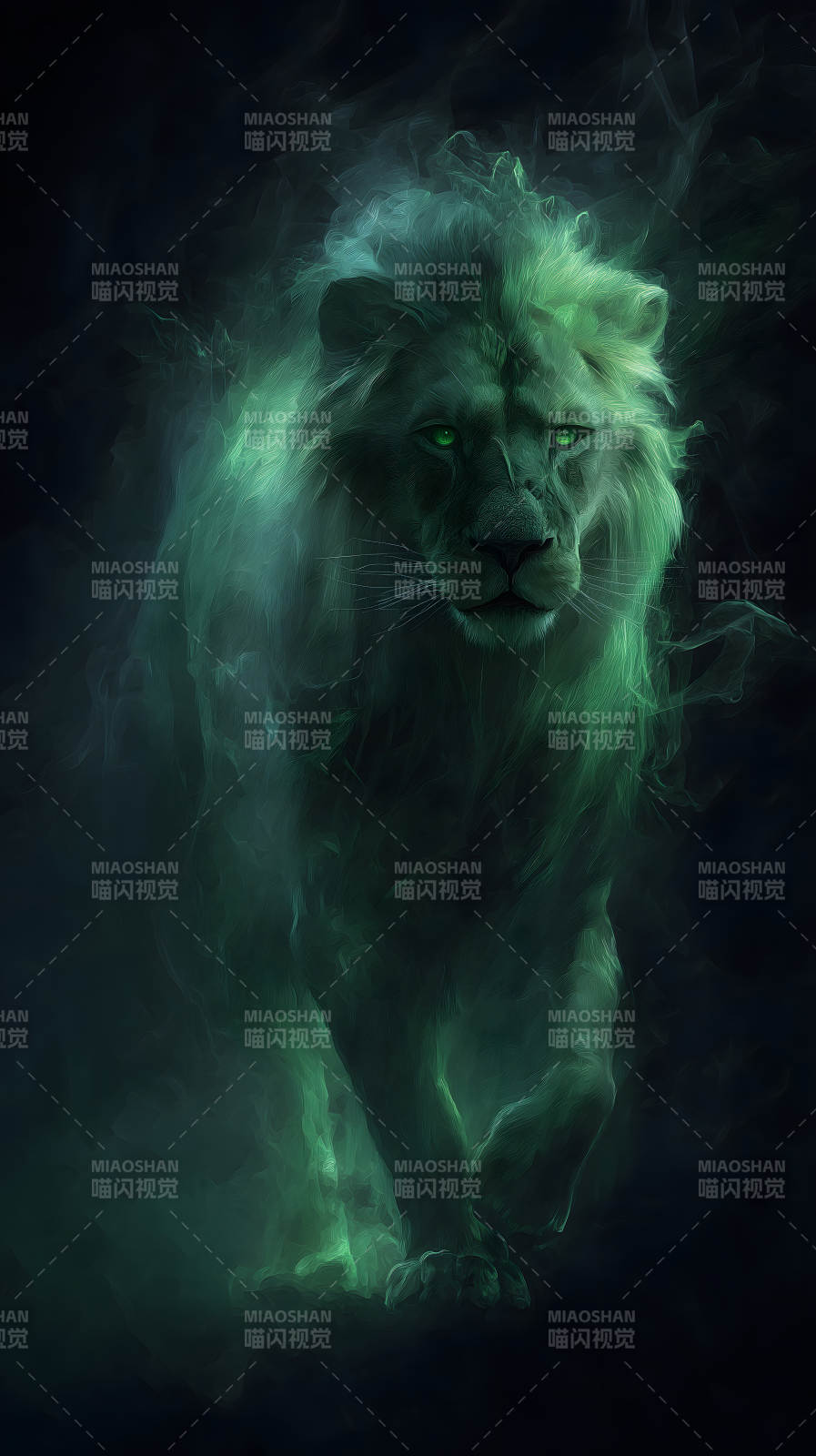 绿色幽灵狮子在黑暗中行走图片