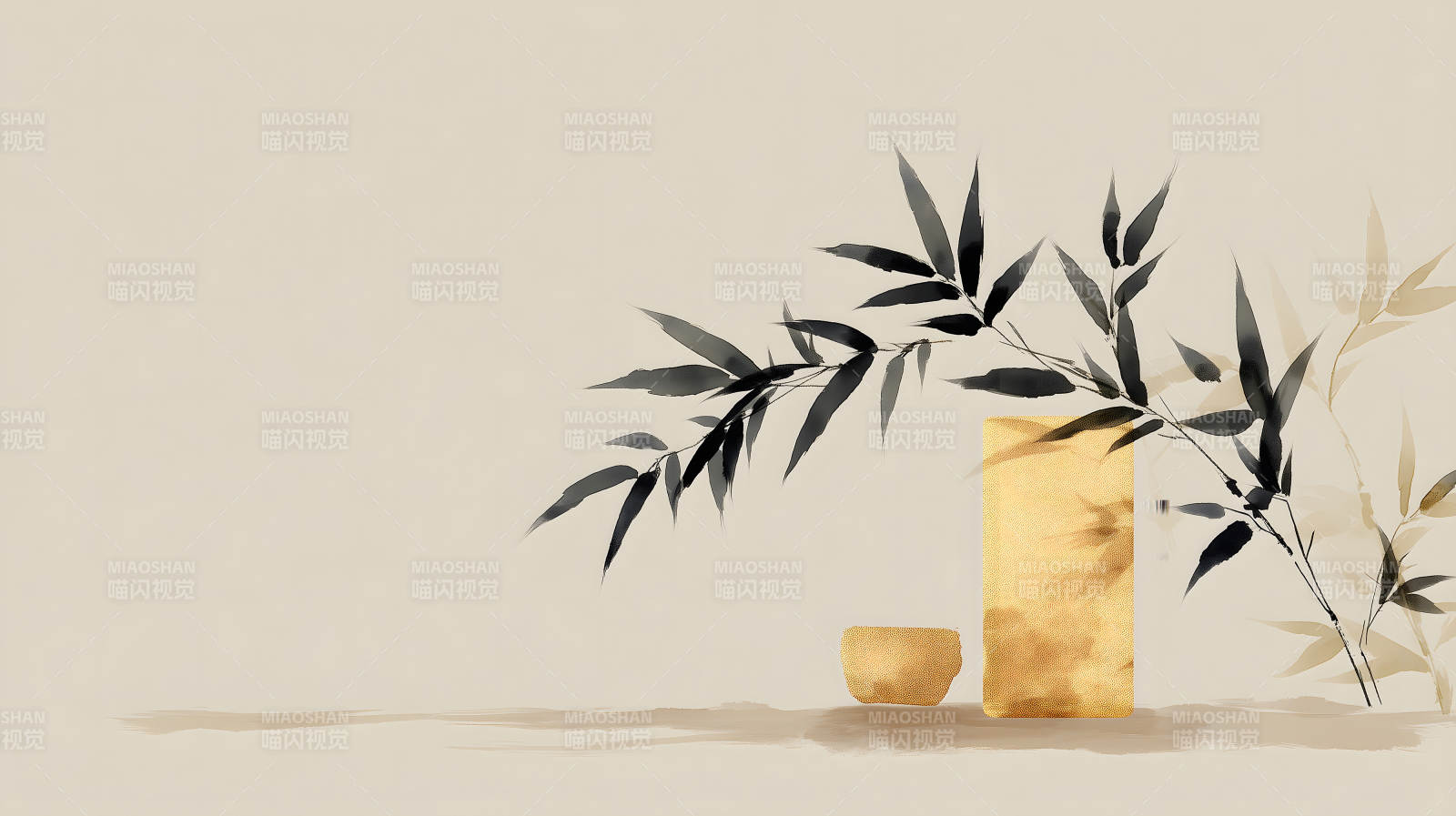 水墨竹枝与金器组合的静谧意境图片