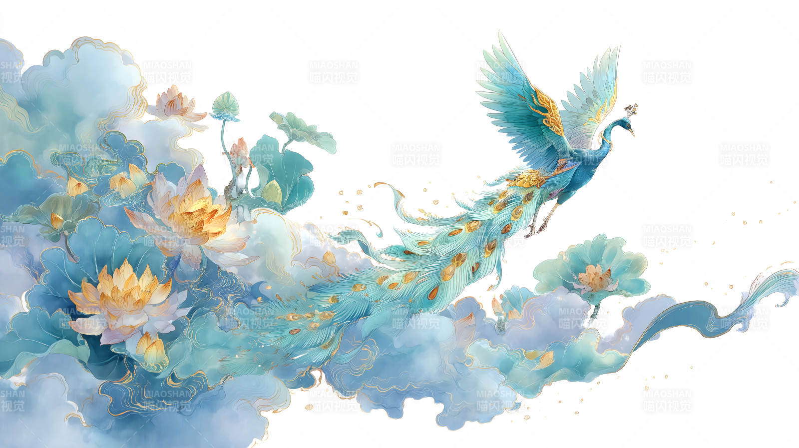 梦幻孔雀与莲花飘逸图图片