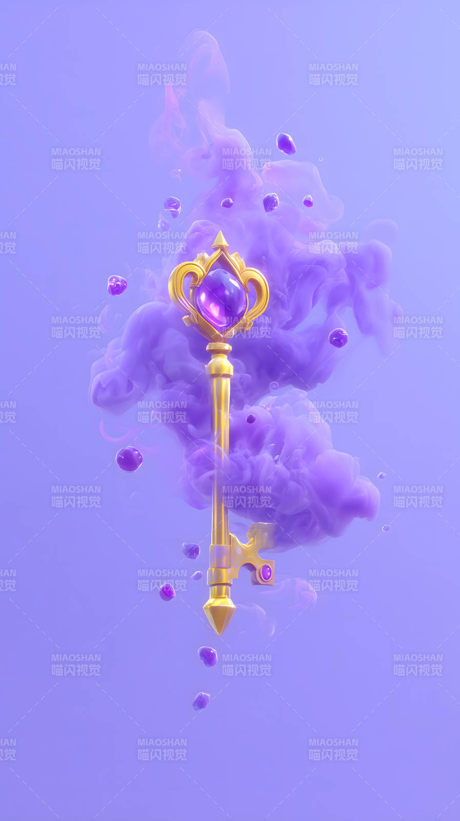 金钥匙悬浮于紫色烟雾中图片