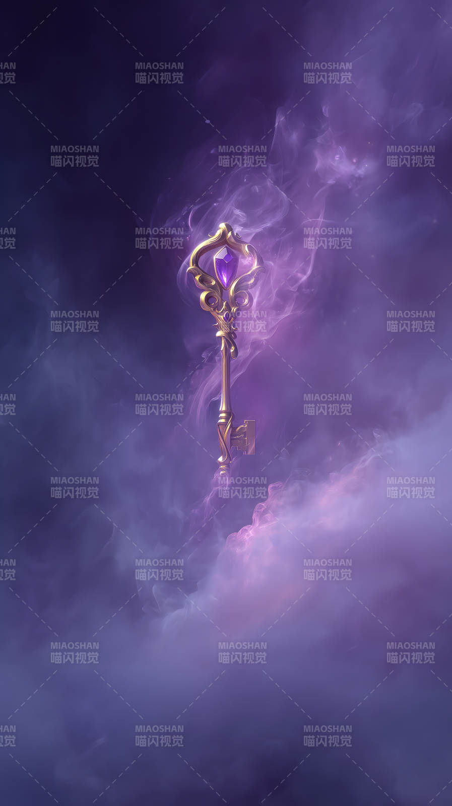 金色钥匙镶嵌紫色宝石于紫色云雾中图片