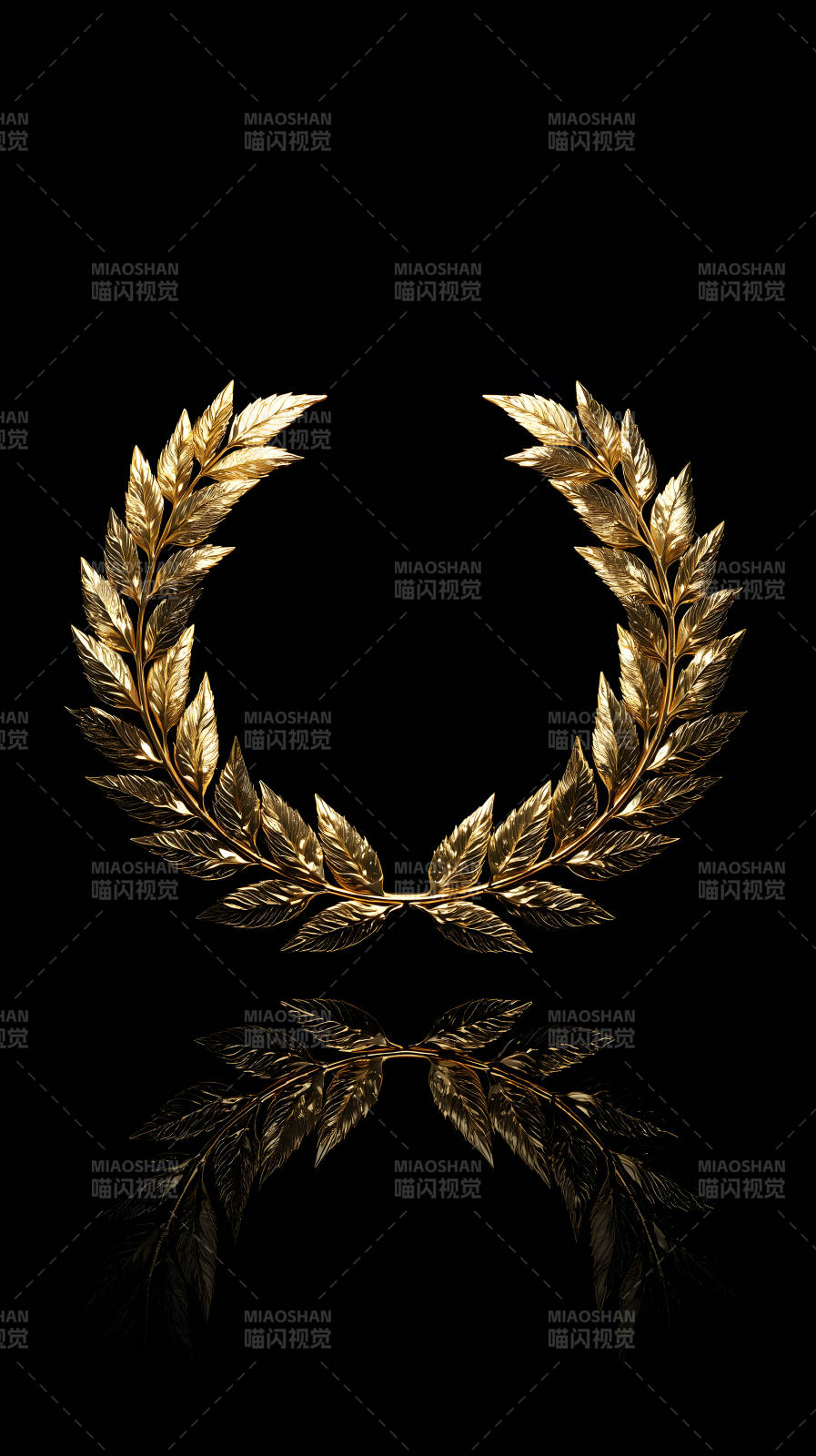 金色桂冠在黑色背景下的倒影图片